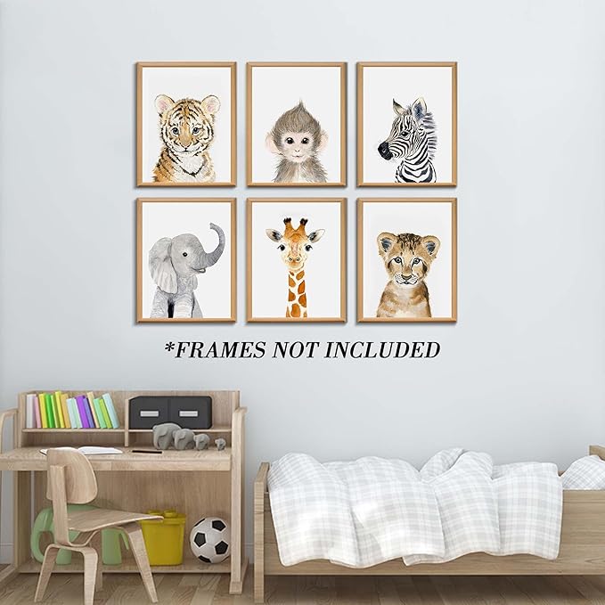 Nursery Baby Room Wall Art Decor, Jungle Nursery Baby Animal of Tiger Lion Elephant Decorations, Nursery Safari Cute Animal Decor for Baby Bedroom (8"x10", UNFRAMED)