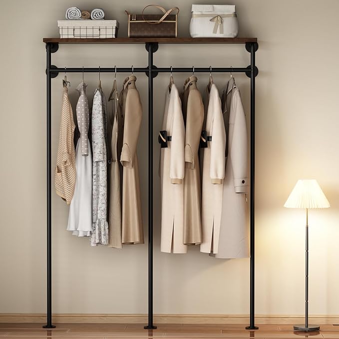 Industrial Pipe Clothes Rack, Wall Mounted Clothing Rack with Shelves, Heavy Duty Closet Organizers Wardrobe Multi-Purpose Storage Clothes Hanging Shelf-59''L Black