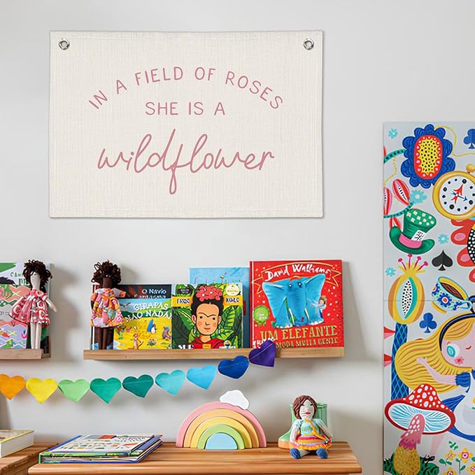 Wildflower Nursery Decor, Girls Room Decor - In a Field Full of Roses She Is a Wildflower Pink Linen Banner Flag for Little Girl Baby Girl - Pink