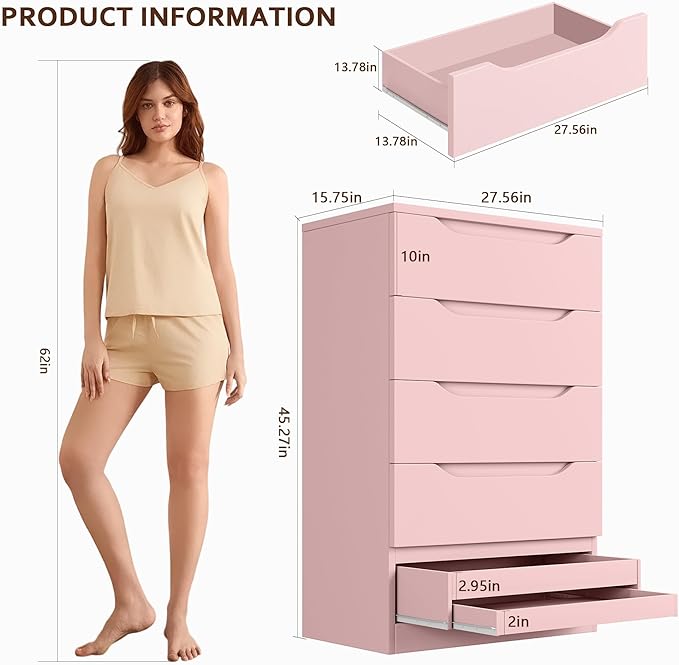 Pink Tall 5 Drawer Dresser for Bedroom with Hidden Storage Design, Large Modern Closet Dressers & Chests of Drawers with Cut-Out Handles, 27.6" L*15.8" W*45.3" H for Bedroom, Living Room, Nursery