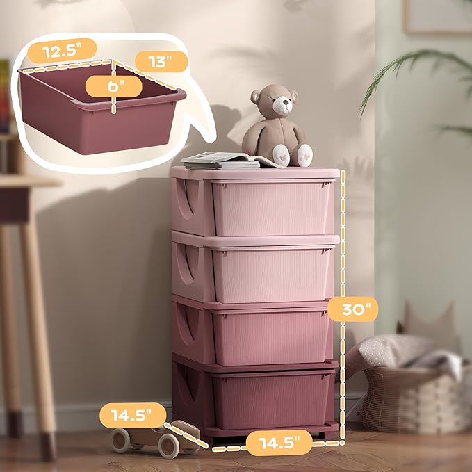 Qaba 4 Tier Kids Storage Unit, 4 Drawer Chest Toy Organizer Plastic Bins for Kids Bedroom Nursery Kindergarten Living Room for Boys Girls Toddlers, Pink