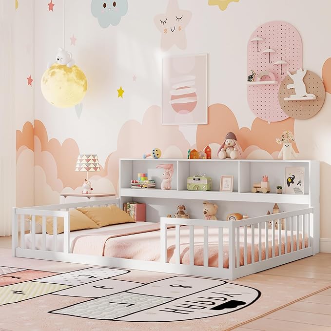 Giantex Full Size Floor Bed for Kids, Wooden Montessori Bed Frame with Bookcase, Storage Shelves & Safety Fence Rails, Floor Beds Full for Girls, Boys, No Box Spring Needed, Without Slats, White