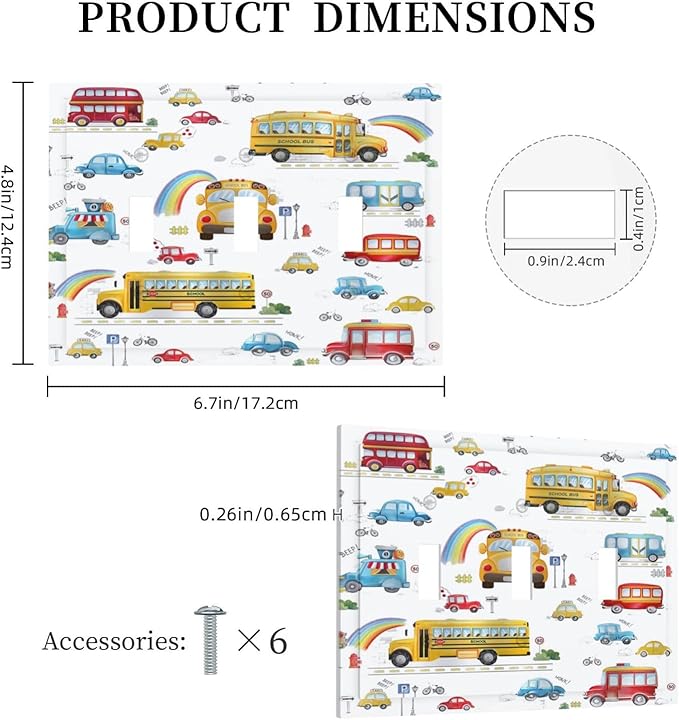Kids Bus Taxi Truck 3 Gang Light Switch Covers Triple Toggle Wall Plate Decorative Switchplate Electrical Faceplate for Nursery Kidsroom Bedroom Decor
