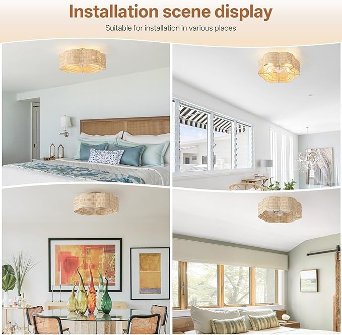 Caged Ceiling Fan with Lights, Flush Mount 20" Boho Ceiling Fans with Lights Remote Control, Low Profile Rattan Bladeless with 6 Speeds for Bedroom, Nursery, Kitchen