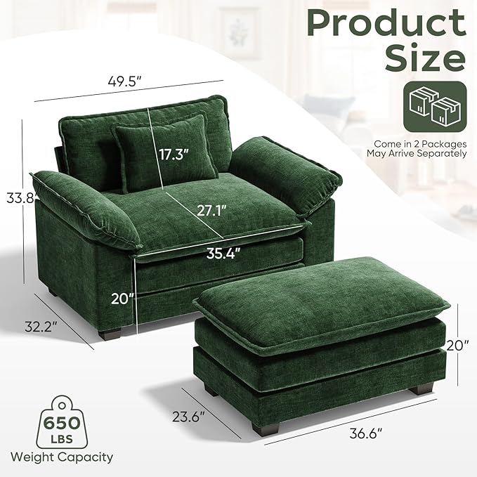 CDCASA Oversized Accent Chair with Ottoman, Chenille Comfy Cloud Sofa Chair with Large Seat and Upholstered Armrests, Modern Extra Wide Armchair Reading Chairs for Bedroom, Living Room,Green
