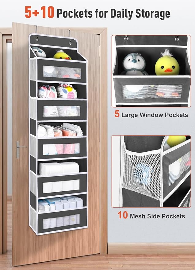 Over The Door Organizer Storage, 5 shelf Hanging Door Organizers with 10 Large Capacity Pockets, Anti Tilt 48 lb Load Behind Door Organizer for Bedroom, Bathroom, Pantry