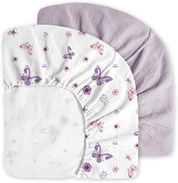 Little Grape Land Muslin Crib Sheets Fitted for Boys and Girls 2 Pack, 100% Cotton Baby Bed Sheets Soft Breathable, Neutral Fitted Baby Mattress Sheets for Standard Crib 52x28 inches, Purple Butterfly