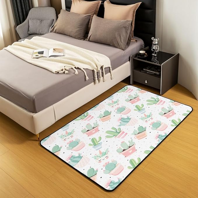 jejeloiu Cute Cactus Decorative Carpet Area Rug 5x7 Kids Boys Girls Green Botanical Living Room Rugs for Bedroom Area Rug 5x7 Carpet Kitchen