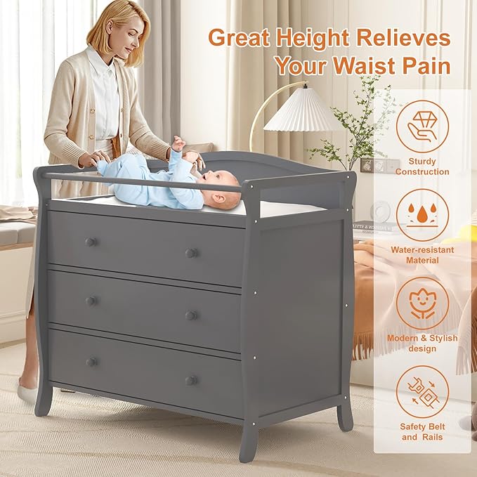 Wooden Diaper Changing Table,Baby Diaper Changing Station Infant Nursing Table with 3 Drawers, Safety Rail & Strap,Modern Baby Changing Table for Bedroom, Nursery