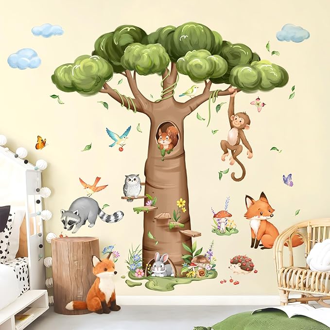 Tanlaby Woodland Animal Tree Wall Decals Rabbit Fox Monkey Baobab Tree Wall Stickers Peel and Stick Art Decor for Baby Nursery Kids Bedroom Toddler Room Decor