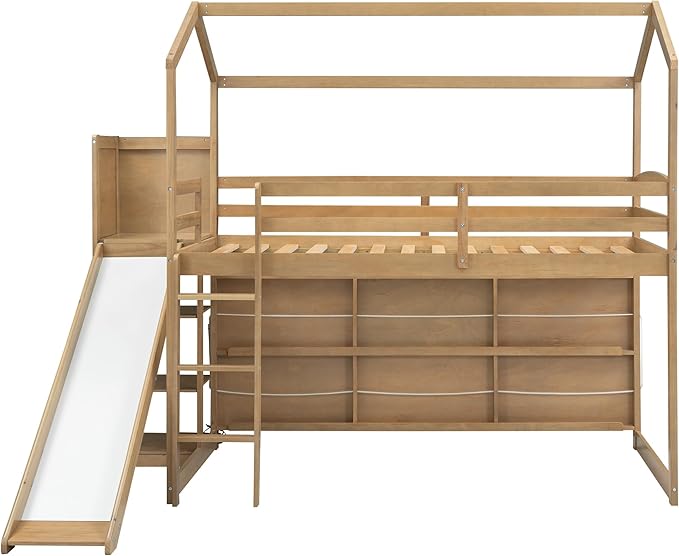 Playful Twin Size Wood House Loft Bed with Slide and Climbing Ramp, Multiple-Function Low Loft Bed Frame with Storage Shelves and Light for Kids Teens Boys Girls Bedroom (Wood-C)
