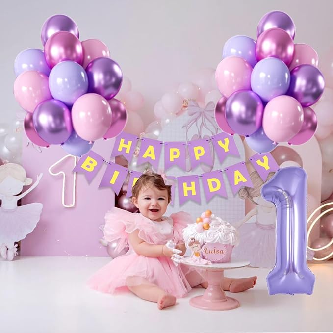 Purple Pink Metallic Balloons & Banner - 40 Inch 1 Balloon, Perfect for Girls' 1st Birthday or Baby Shower Decor