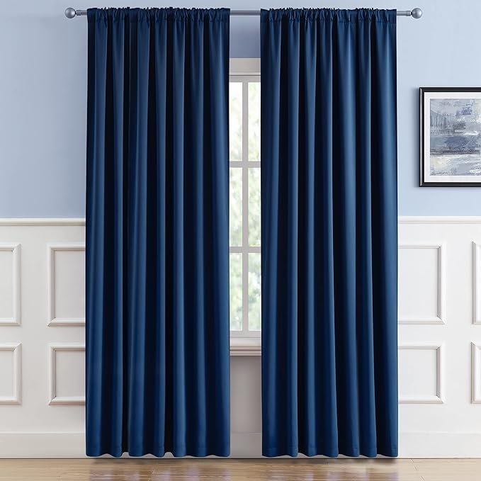 DUALIFE 70 Inch Wide Blackout Curtains Thermal Insulated Drapes Window Treatment Panels Room Darkening Bedroom Draperies for Living Room Back Tab/Rod Pocket, Navy Blue, W70 x L84 Inch Length, 2 Pcs