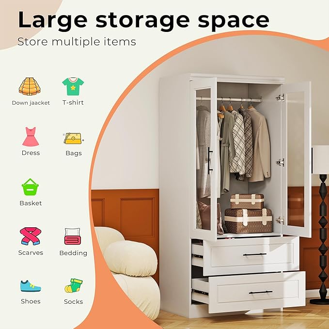 Armoire Wardrobe Closet with 2 Glass Door, White Wood Wardrobe Closet Wooden Bedroom Armoire with 2 Drawer Hanging Rods for Home/Bedroom/Living Room Style-51