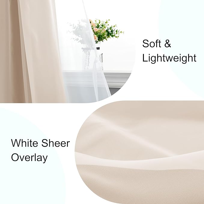 XWZO 100% Blackout Double Layer Curtains, Blackout Curtains with Sheer Overlay for Living Room, Grommet Thermal Insulated Privacy Curtains with Tiebacks, 2 Panels, 70x84, Biscotti Beige