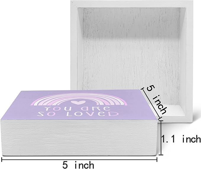 SRADMO You Are So Loved Rainbow Heart Wood Box Sign Desk Decor, Purple Kids Inspirational Quotes Wooden Block Box Sign Decoration for Kids Room Nursery Playroom Shelf Table Decorative Accessories
