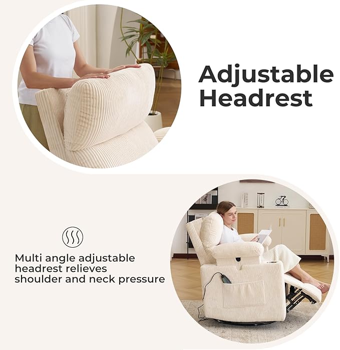 Oversized Power Recliner Chair Swivel Glider with Massage and Heat, Swivel Rocker Recliner with Adjustable Armrests, Nursery Chair with Adjustable Headrest, Rocker Nursery Recliner, Corduroy Beige