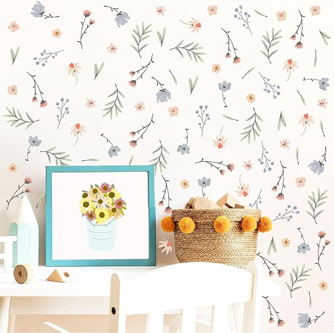 Boho Floral Wall Decals Small Flower Leaf Wall Sticker Botanical Plant Green Leaves Wall Decals Removable Tree Leaf Decal Boho Floral Stickers for Nursery Girls Room Bedroom Decor