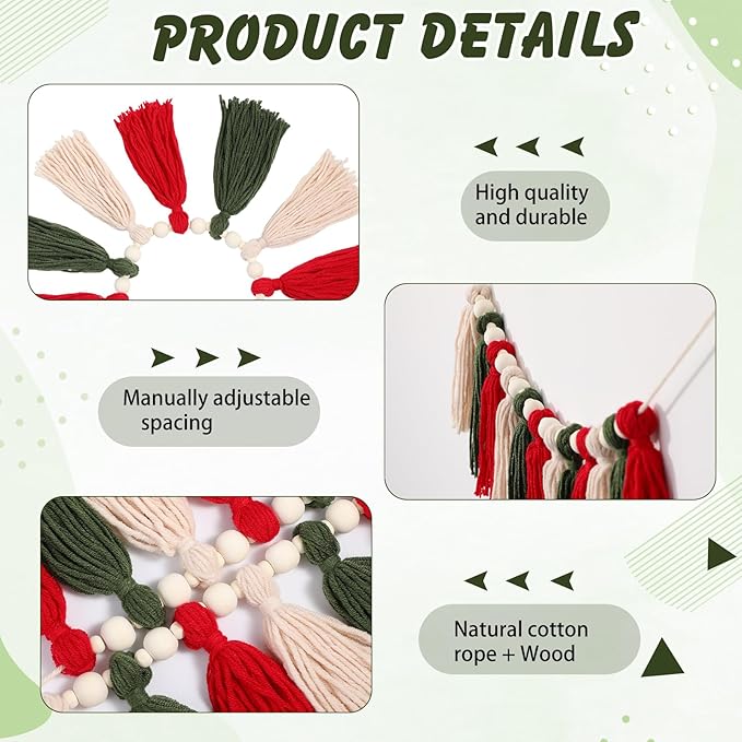 2 Pcs Tassel Garland with Wood Beads, Handmade Cotton Yarn Wall Hanging Banner Boho Tassel Wall Hanging Party Decor for Nursery, Birthday Baby Shower Home Classroom Decoration(Red Green)