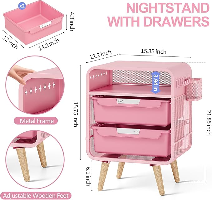 Pink Nightstand,Cute End Table with Storage Drawer,Kids Nightstand for Bedroom Furniture,Bedside Table Small Pink Desk Coffee Table for Living Room, Dorm,Office