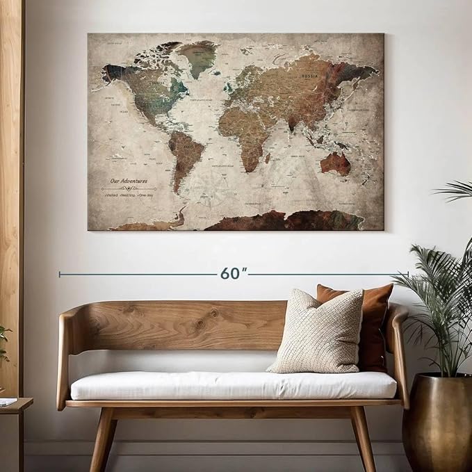 ElephantStock - Our Adventures World Map With Push Pin Iii Wall Art - Horizontal Canvas Wall Art - Living Room Wall Decor - Printmaking Map Canvas Art - Beige And Brown Decor - 51" x 34"