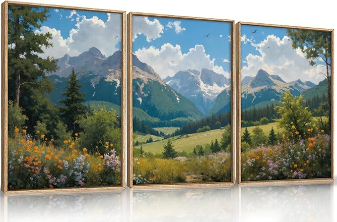 HLNIUC Green Forest Mountain Landscape 3 Piece Wall Art Framed, Colorful Wildflower Nature Wall Decor(24x36), Blue Sky White Cloud Canvas Painting, Woodland Tree Print for Living Room, Bedroom, Office