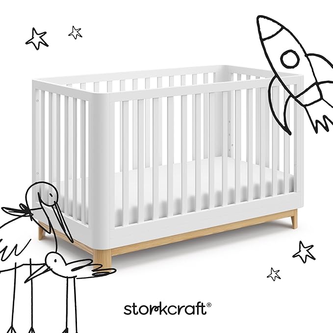 Storkcraft Santos 3-in-1 Convertible Crib (White with Natural) – GREENGUARD Gold Certified, Fits Standard Crib Mattress, Converts to Toddler Bed, Modern Style, Rounded Designer Details