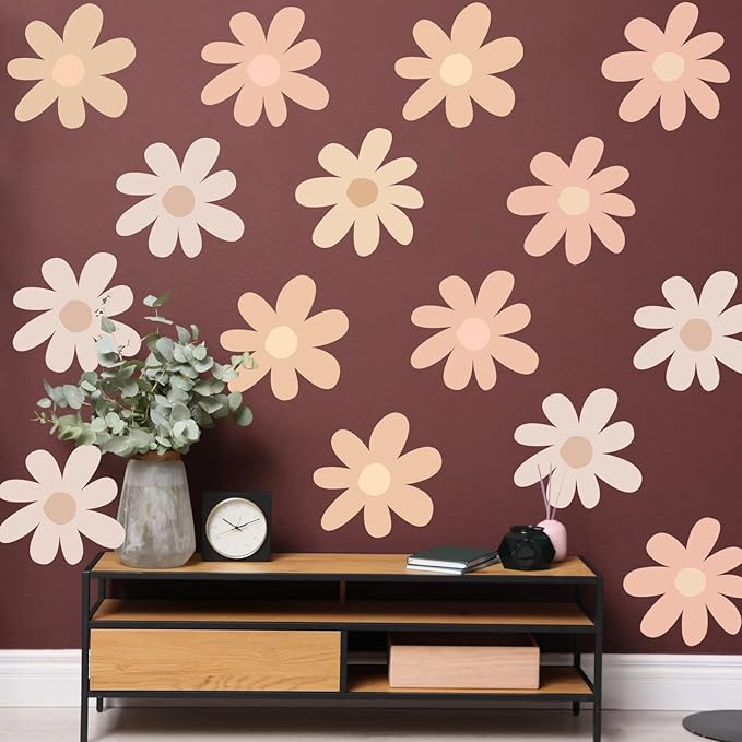 TaoBary 12 Sheets Daisy Wall Decal Flower Wall Sticker Cute Daisy Sticker Pink White Flower Decal Peel and Stick Floral Wallpaper for Nursery Bedroom Home Decor(Light Color,Bobo Style)