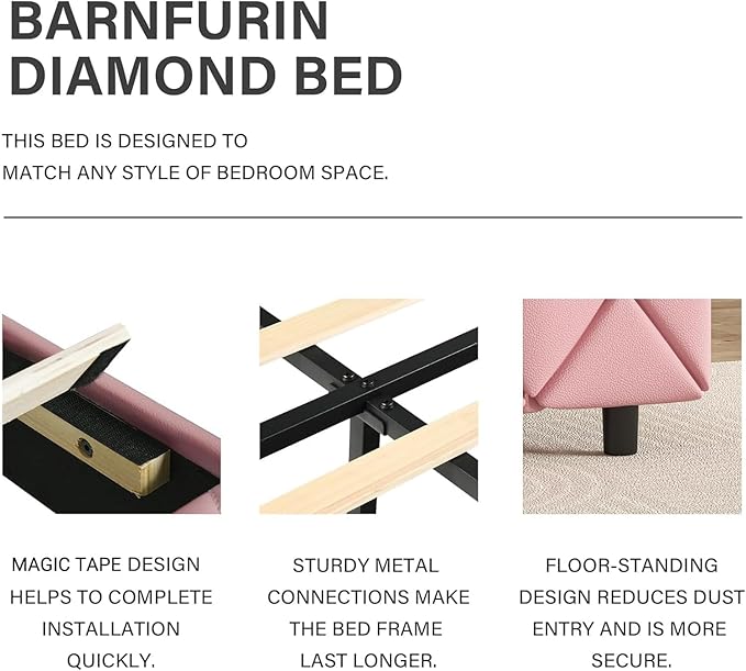 BarnFurin Twin Bed Frame with Headboard, Faux Leather Upholstered Bed with Diamond Tufted Design, Princess Twin Bed Frames for Kids, No Box Spring Required, Easy Assembly, Pink