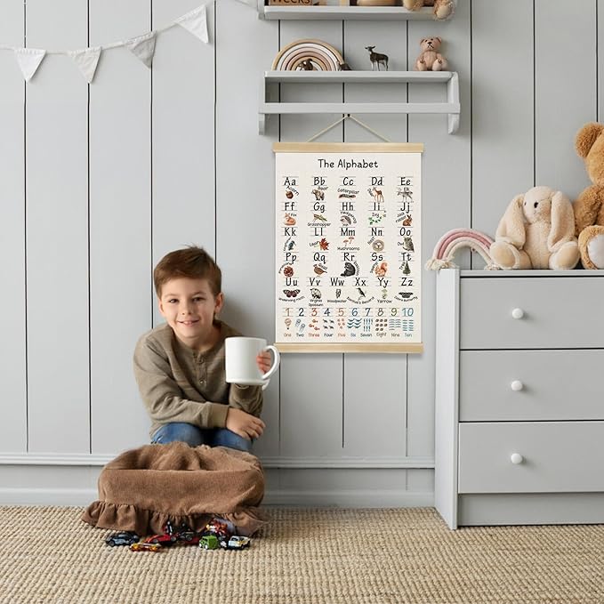 You found a duck The Alphabet and Numbers Linen Canvas Wall Art Poster 18.5x14 Inch, Educational Numbers 1-10 and 26-Letter Learning Chart for Kids, Nature Animal Classroom Nursery Playroom Decor