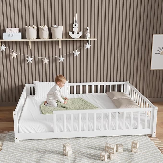 LLS Full Floor Bed for Kids Toddlers, Solid Wood Multifunctional Montessori Bed Frame with Safety Guardrails, Without Door, Easy Assemble, White