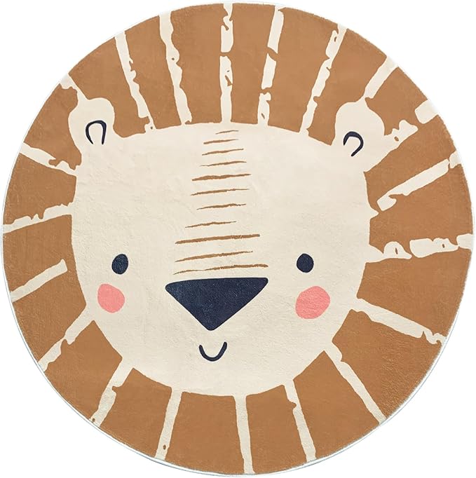ABREEZE Kids Play Rug 4ft, Lion Round Area Rug Kids Nursery Door Mat Soft Plush Non-Slip Childrens Carpet for Bedroom Living Room Playroom,Brown