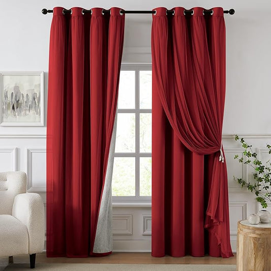 100% Blackout Curtains for Bedroom, Double Layer Red Curtains, Black Out Curtain 96 inch Long with Sheer Overlay for Living Room, Room Darkening Window Drapes with Grommet, 52" W x 96" L