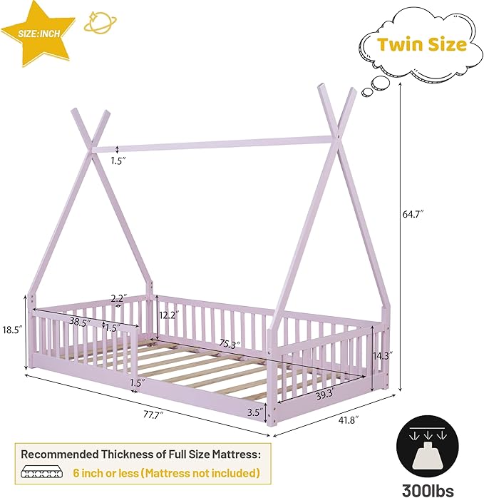 Twin House Bed with Fence Rails, Wood Montessori Floor Bed with Slats Support, Twin Size Teepee Tent Beds Kids Bed Frames for Girls Boys,Pink