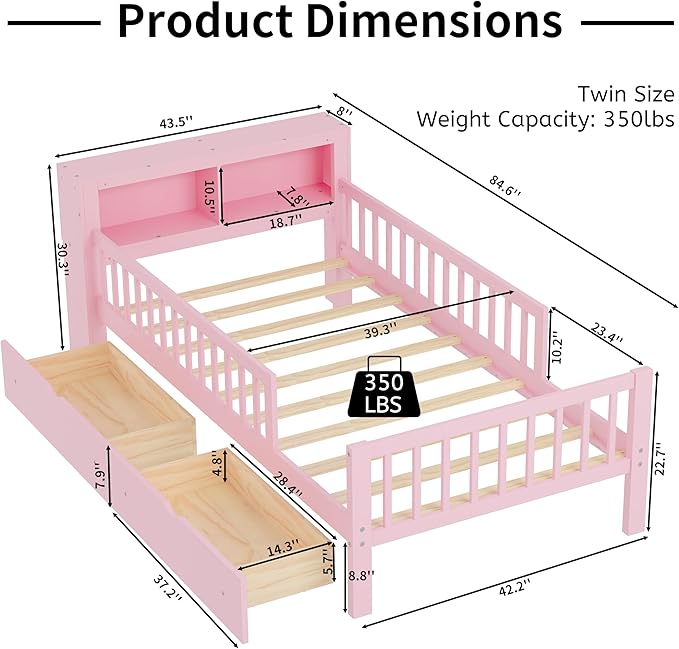 Wood Twin Size Platform Bed with Safety Fence for Kids Boys Girls, Platform Bed Frame with Practical Headboard and 2 Under-Bed Drawers, Sturdy Slats Support (Pink-3.15)