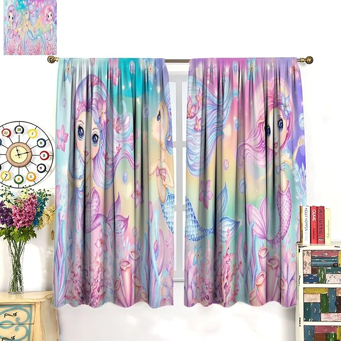 Cartoon Mermaid Kids Curtain Fantasy Ocean Theme Coral Flower Floral Window Treatment for Kids Girls Bedroom Nursery Room Decor Rod Pocket Blackout Window Drapes 42x63in