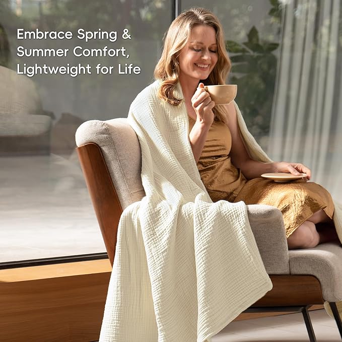 PHF 100% Cotton Muslin Blanket Queen Size 90"x90", 4-Layer Lightweight Gauze Throw, Breathable Cloud-Soft Minimalist Blanket for Bed, Couch, Camping & Baby, Birch, Ideal Gift