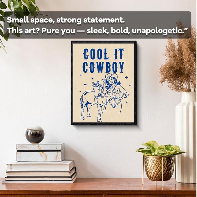 Western Cowgirl Wall Art, cool it cowboy message, vintage western wall decor, matte finish framed canvas print, western poster artwork, for country bar game room gift, 12x15 inch