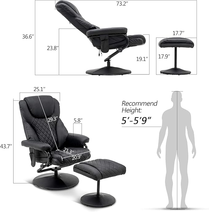 MCombo Recliner with Ottoman, Reclining Chair with Massage, 360 Swivel Living Room Chair Faux Leather, 4901 (Black)