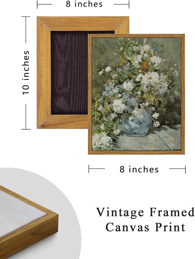 ARPEOTCY Framed Canvas Floral Wall Art Print, Vintage French Flower Spring Botanical Wall Art Home Decor, Ceramic Vase Floral Oil Painting for Living Room, Bedroom, Office Shelf Decor, 8x10 inch