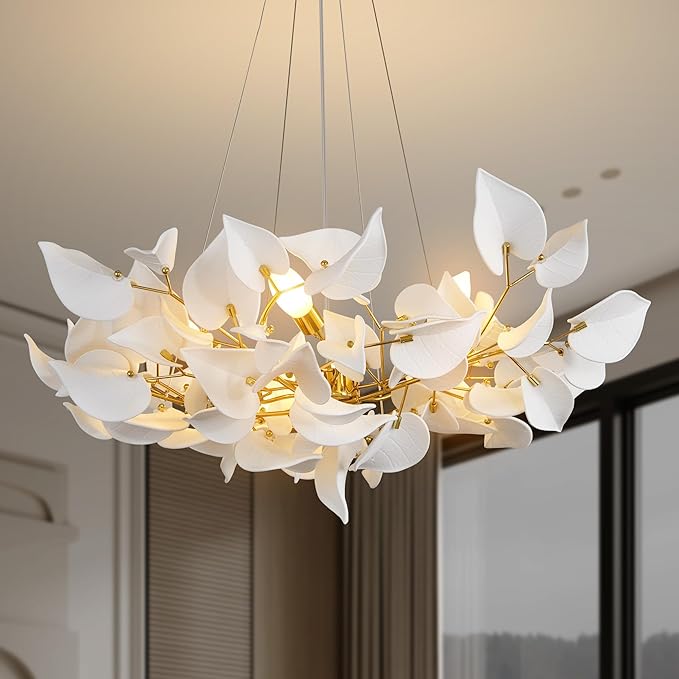YUYI 31.5" Gold Tree Branches Chandelier, Ceramic Hearted Leaf Chandelier, Modern Round Chandeliers for Dining Room, Living Room Over Table, Kitchen, Foyer, Bedroom, Elegant Art Deco