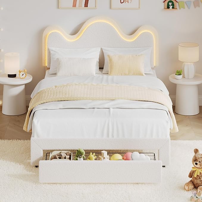 IDEALHOUSE Full Bed Frame with LED Headboard and Under-Bed Drawer, Metal Upholstered Platform Bed with LED Light for Kids, Girls, Lamb Fleece Fabric, Wooden Slats Support, No Box Spring Needed, White