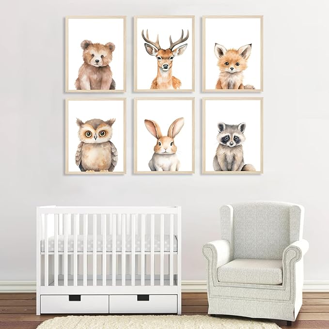 6 Animal Wall Art for Kids Room, Baby Room, Woodland Animals, Cute Bear, Deer, Rabbit Poster Prints, Safari Themed Paintings for Boys Girls Room (8x10 Inch Posters)