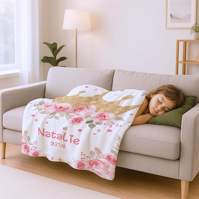 Personalized Baby Blanket, Custom Baby Blankets with Name for Girls, Personalized Baby Girl Gifts for Christmas Birthday Easter, Customized Baby Blanket for Kids Toddler New Mom Newborn (White)