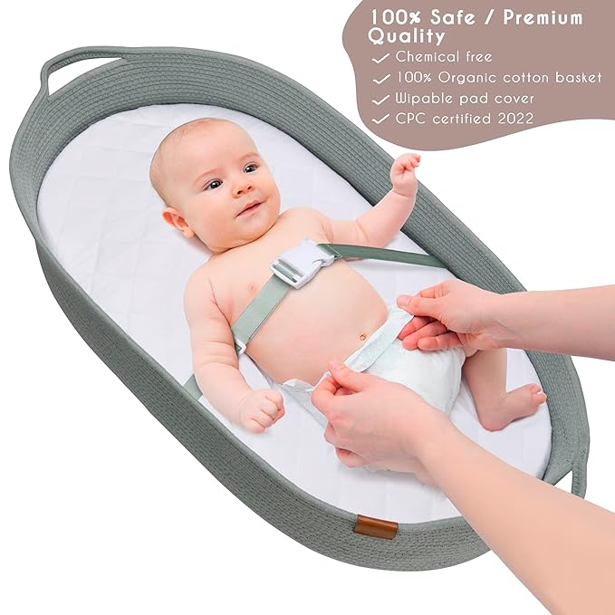 Baby Changing Basket for Baby Dresser, Moses Basket for Babies, Cotton Rope Diaper Changing Basket, Unisex Baby Moses Basket, Foam Diaper Changing Pad for Dresser, Changing Table Topper for Dresser
