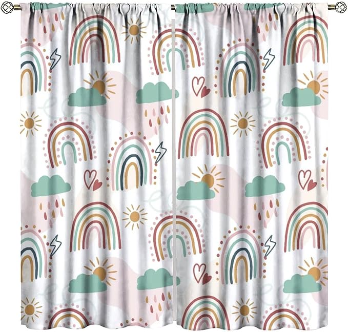 Kids Rainbow Curtains Boho Cartoon Colorful Stars Love Heart Lovely Abstract Art Pattern Print Window Drapes for Girl Bedroom Living Room Kitchen Decor,2 Panel Set,72Wx63H Inch Blackout