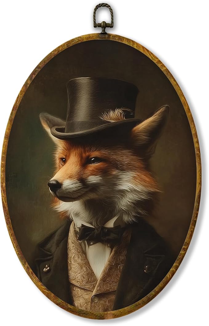 Hiuwevt Retro Fox Oval Wall Art Decor, Vintage Dark Academia Fox Framed Canvas Prints, Retro Renaissance Animal Oval Wall Hanging Decor for Home Living Room Bedroom Decorations, 8.6x11.4 Inches
