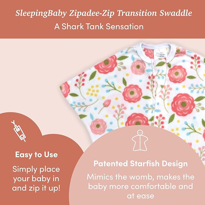 SleepingBaby Fleece Zipadee-Zip Transition Swaddle and Snuggle Strap Bundle - Roomy Baby Swaddle Blanket with Zipper Convenience and Wearable Blanket Accessory, Pretty Poppy, Medium (6-12 Month)