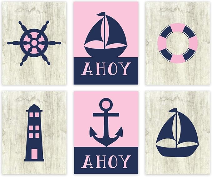 Andaz Press Girls Ocean Nautical Sailor Theme Nursery Kids Bedroom Hanging Wall Art Decor, 8.5x11-inch, Pink Navy Blue, Ahoy, Boat, Anchor, Lighthouse, 6-Pack, Unframed Room Poster
