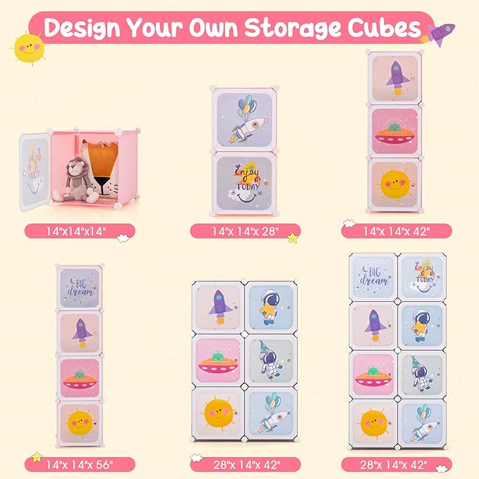 INFANS Children Wardrobe, Kid Closet Portable Baby Dresser Cute for Kids Bedroom Nursery Armoire with Doors 12 Cube 2 Hanging Sections, Kid Clothes Storage Organizer (Pink, 8 Cubes)